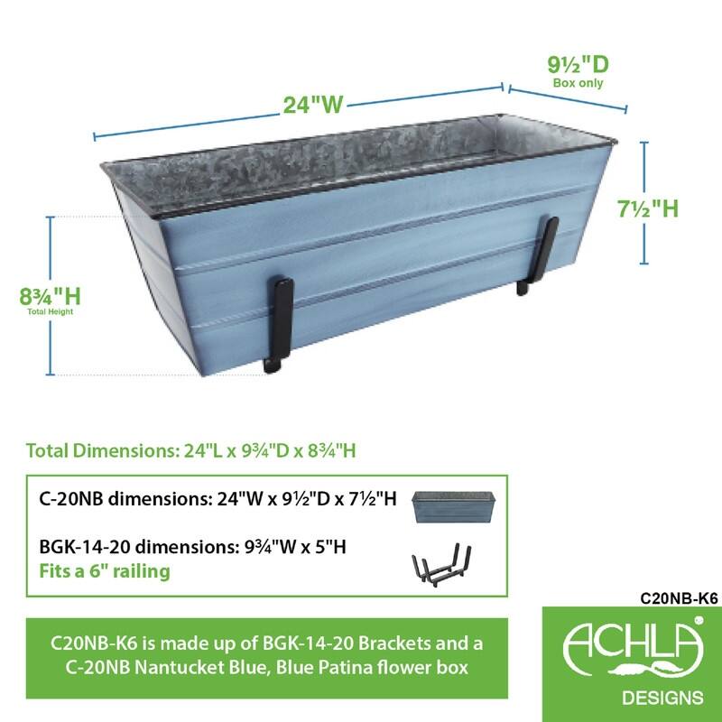 Achla Designs Medium Galvanized Steel Flower Box Planter With Brackets for 2 x 6 Railings, 24 Inch Wide