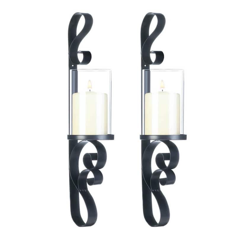 Ornate Candle Wall Sconces - 17.5" - Black and Clear - Set of 2
