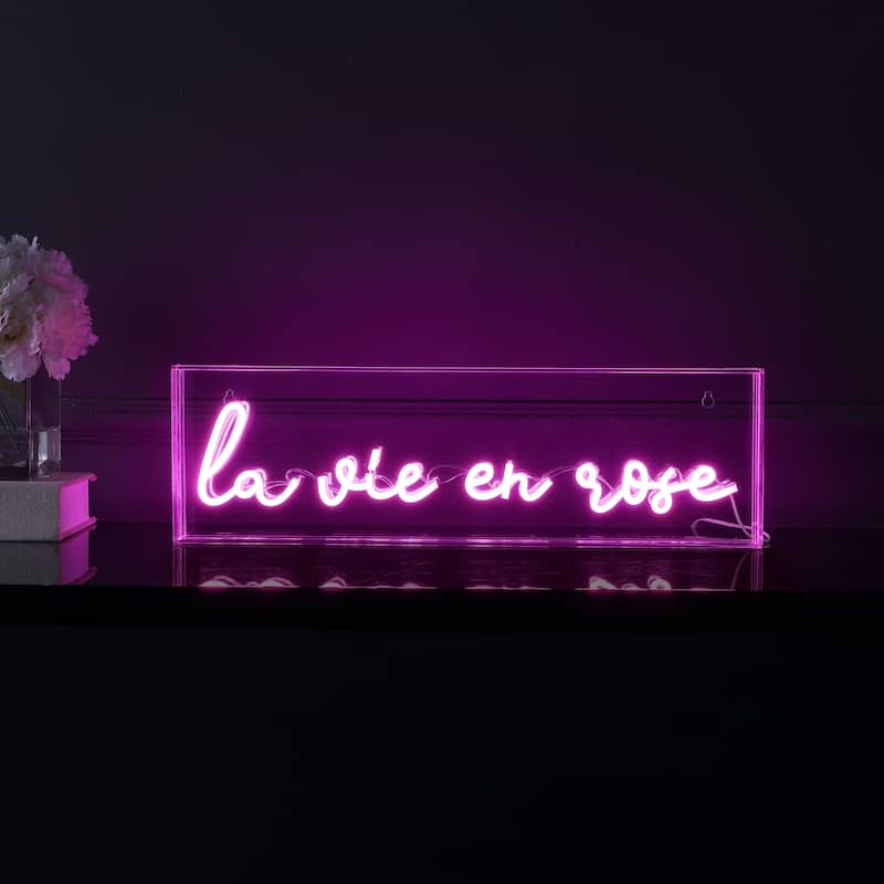 La Vie En Rose 20" X 6" Contemporary Glam Acrylic Box USB Operated LED Neon Light, Pink by JONATHAN Y - 20" X 6"