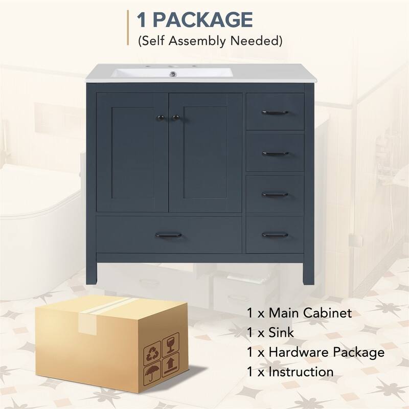 36'' Bathroom Vanity with Ceramic Sink Combo, Modern Bathroom Vanity Cabinet with 2 Soft Close Doors and 5 Storage Drawers