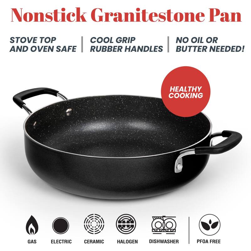 Granitestone Black 3 Piece Nonstick 5.5 Qt Everyday Pan with Lid and Steamer Insert - Speckled Multipurpose Cookware Set