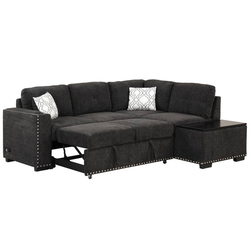 Pull-Out Sofa Bed L-Shape Sectional Sofa, Linen Deep Seat Sofa with Adjustable Headrest, Wireless Charging and Cup Holders