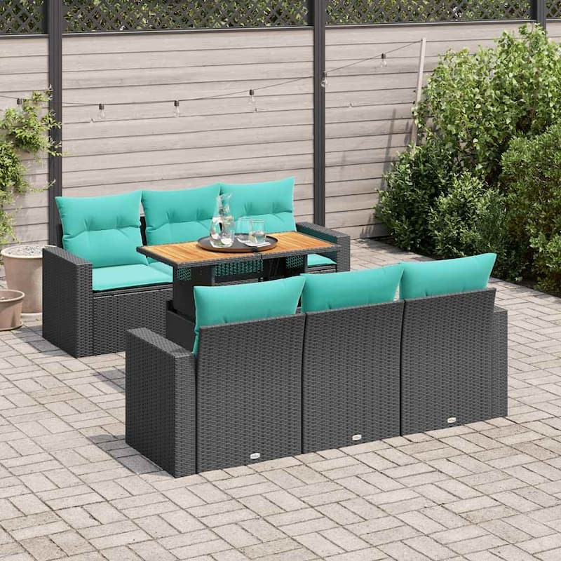 vidaXL 7 Piece Patio Sofa Set with Cushions Black Poly Rattan - 21.7" x 24.4" x 27.2"