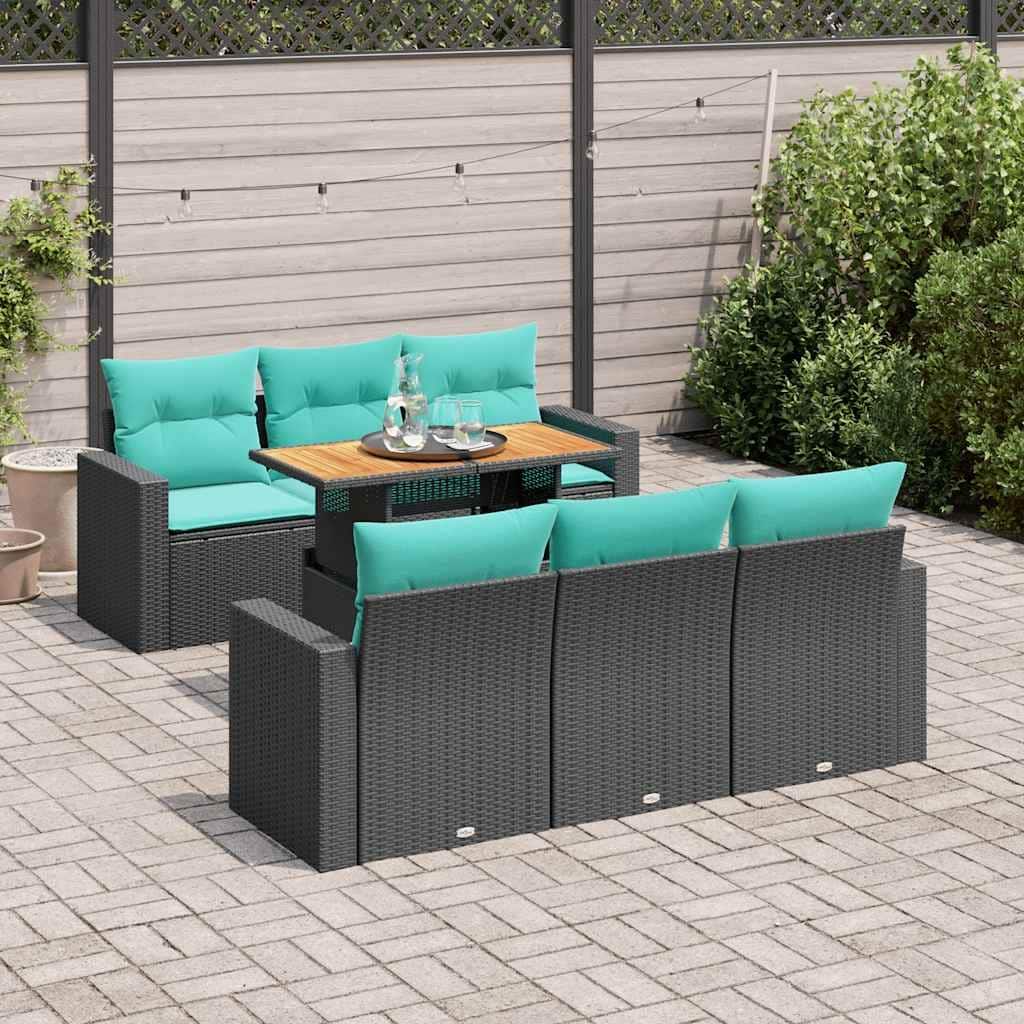 vidaXL 7 Piece Patio Sofa Set with Cushions Black Poly Rattan - 21.7" x 24.4" x 27.2"