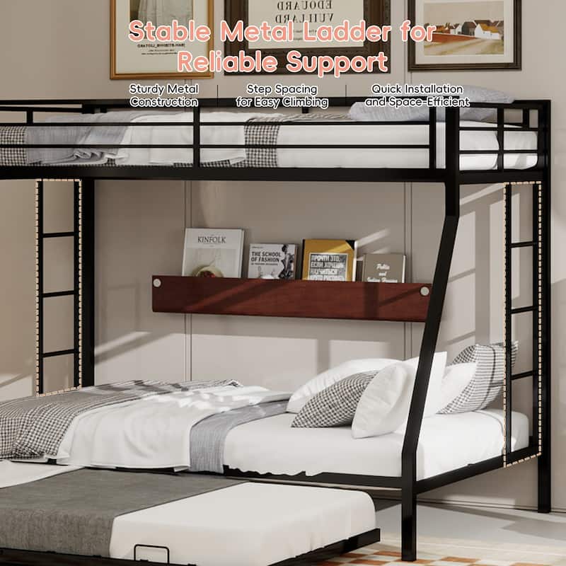 Modern Square Tube Bunk Bed with Ladder and Rolling Trundle Bed