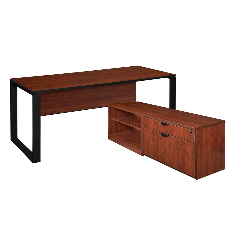 Structure 66" x 30" L-Desk with Laminate Low Credenza- Cherry/Black