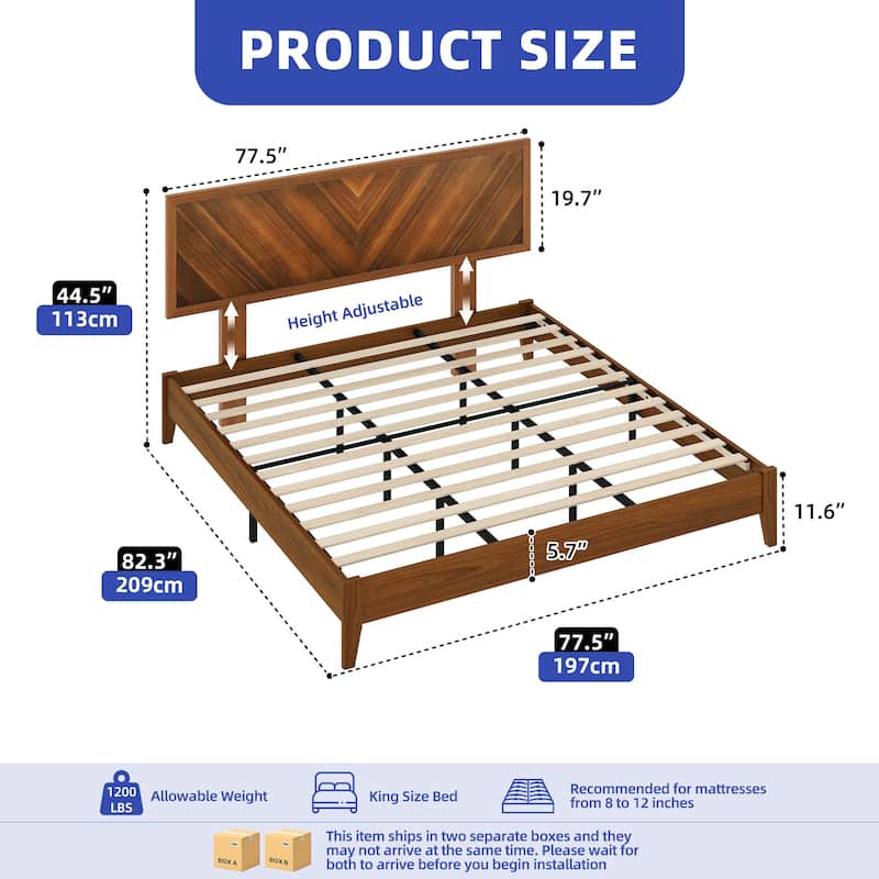 Queen/King Size Bed Frame with Adjustable Headboard Heights and Solid Wood Headboard, Walnut Color - King
