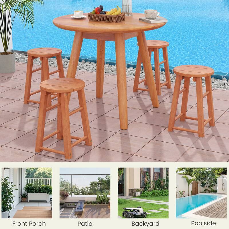 Gymax Outdoor Wood Bar Stools Set of 4 w/Round Seat Footrest Patio