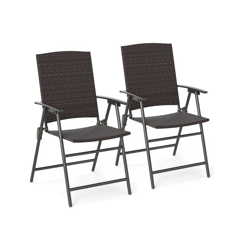 Patio PE Wicker Dining Chairs with Armrests and Metal Frame-Set of 2