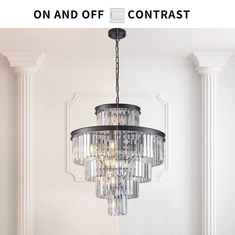 24" Luxury Crystal Chandelier with Black Finish - Elegant 15-Light 5 Tier Pendant Light Fixture for Living Room, Dining Room