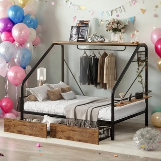 Full Size Metal Frame Platform Bed with Clothes Rack and Storage Shelves and 2 Drawers for Bedroom