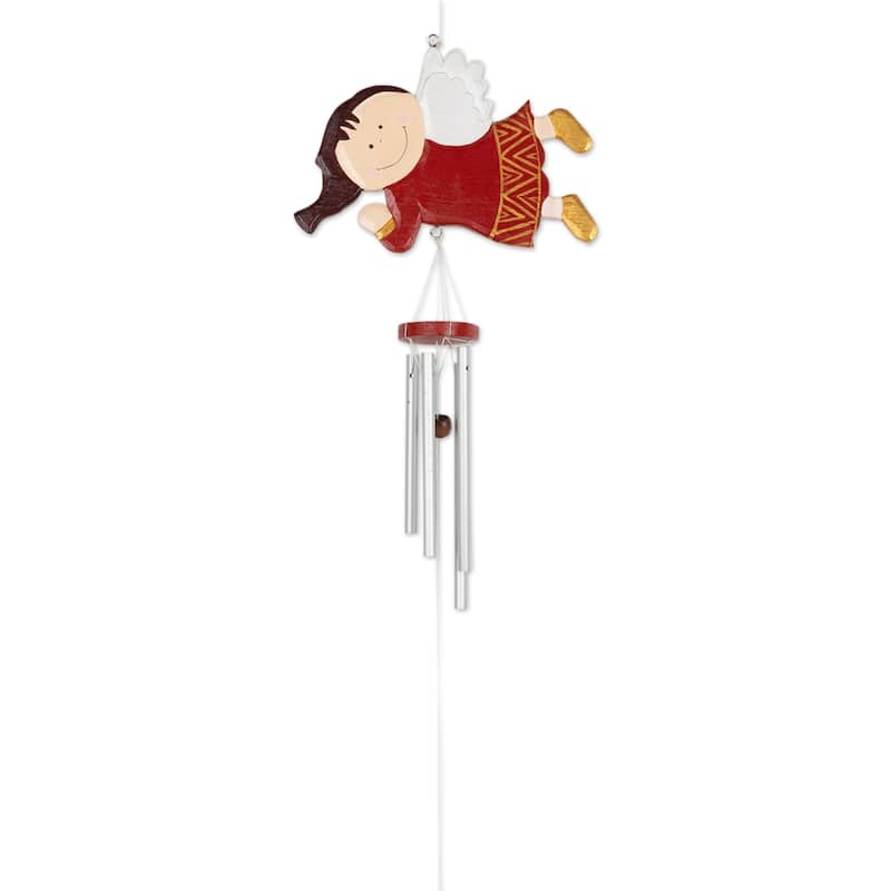 Novica Handmade Grinning Angel Wood Wind Chime - Red