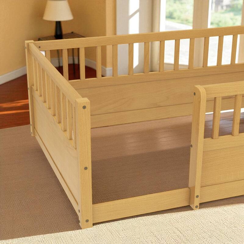 Twin/Full Montessori Floor Bed with High Fence & Open Door, Solid Pine, Playroom/Bedroom, No Box Spring
