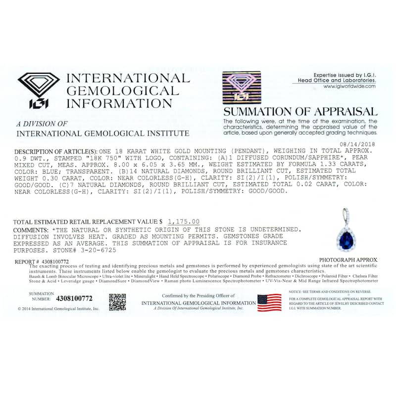 Auriya 18k White Gold 1 1/3 ct. Pear-Shaped Blue Sapphire and Diamond Halo Necklace