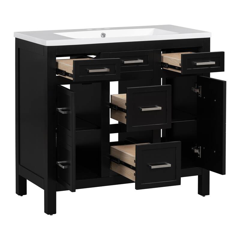 Bathroom Vanity Freestanding Cabinet with Resin Integrated Sink, 4 Drawers, 2 Cabinets, Solid Wood Frame and Adjustable Shelves