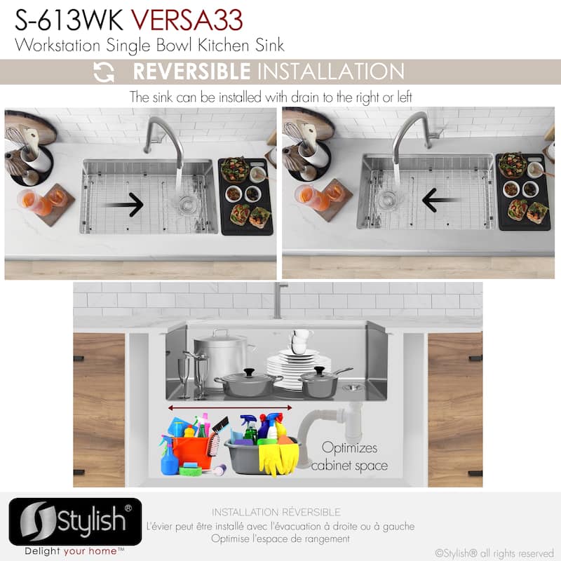 Undermount 33" Stainless Steel Single-Bowl Kitchen Sink Handmade - 33" x 19" x 10"