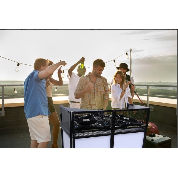 Portable DJ Booth Stand With Scrims – Foldable DJ Facade Table With Lighting, Storage Bag & Cable Management (40x20 In)