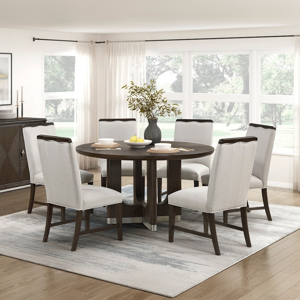 Contemporary Aesthetic Dining Set Round Table with Chairs Upholstered Beige Brown Furniture
