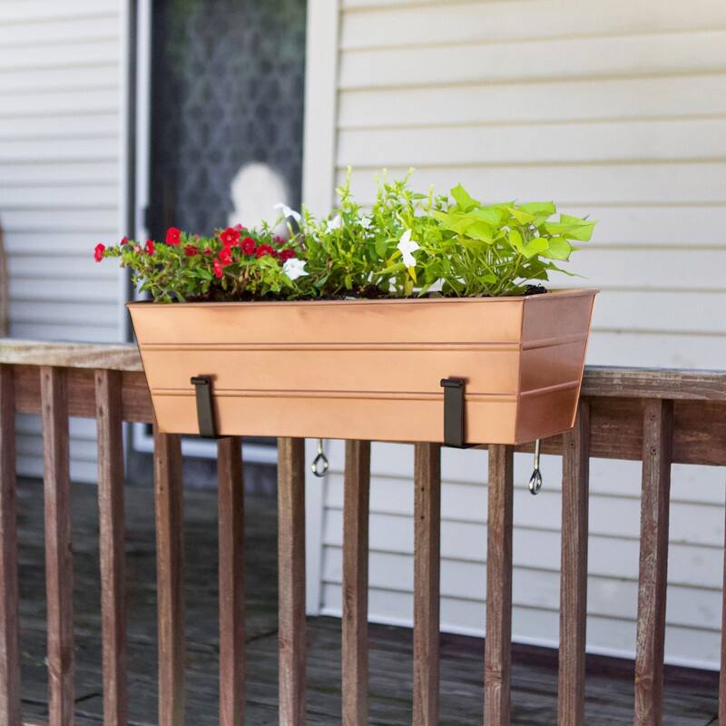 Achla Designs 24" W Rectangle Galvanized Steel Flower Box w/Black Wrought Iron Clamp-On Brackets, Planter