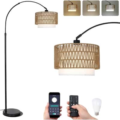 63" Adjustable Height Rattan Arc Floor Lamp with Linen Shades, Remote and Dimming Bulb for Living Room - 30.2*11.8*63in