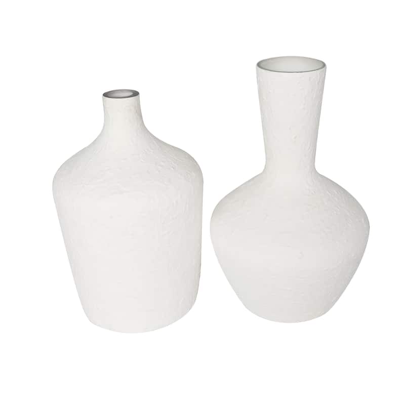 White Glass Textured Decorative Vase with Various Sizes (Set of 2)