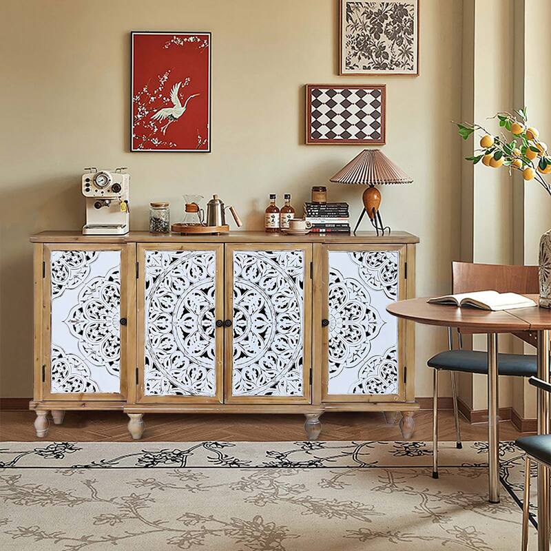 4-Door Hollow-Carved Accent Cabinet, Distressed Wood Storage Cabinet Cupboard with adjustable shelves,unique design for Kitchen