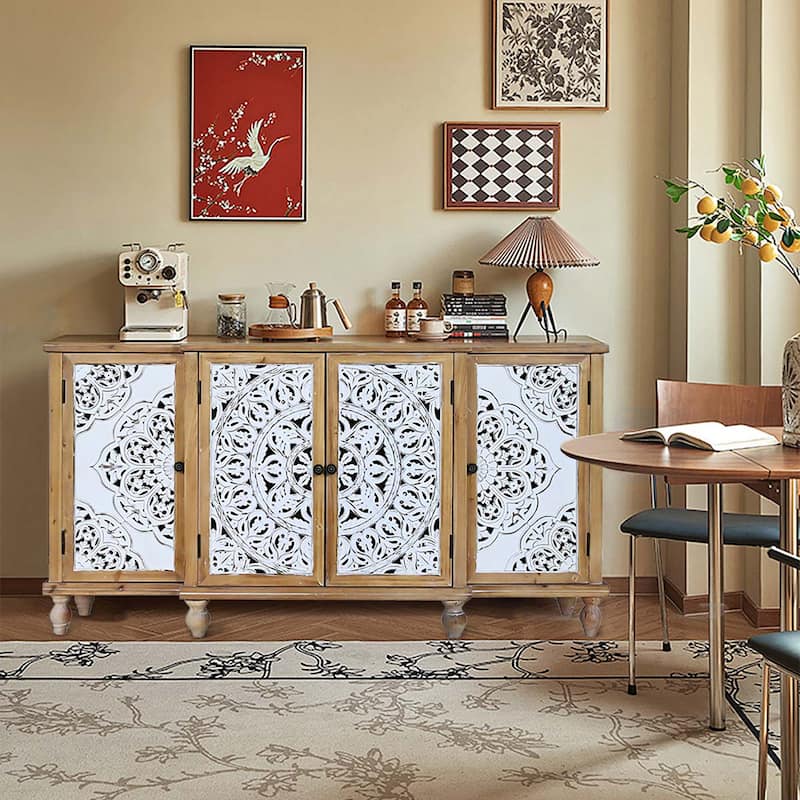 4-Door Hollow-Carved Accent Cabinet, Distressed Wood Storage Cabinet Cupboard with adjustable shelves,unique design