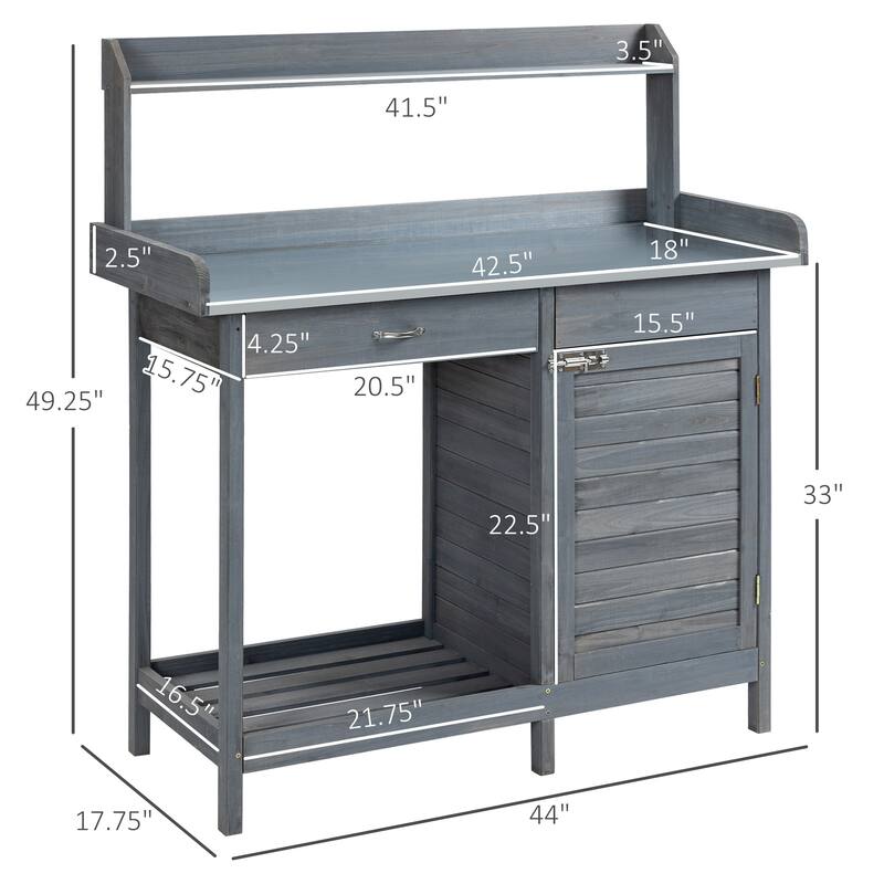 Outsunny Potting Bench Table with Storage Cabinet and Open Shelf, Garden Planting Workstation with Steel Tabletop