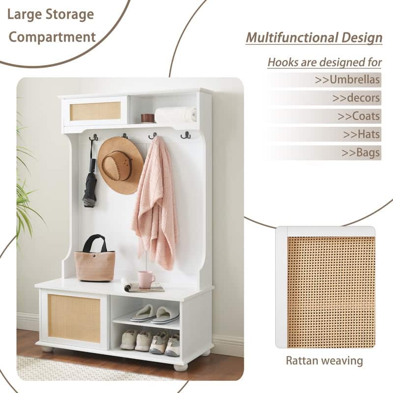 Casual Style Hall Tree Entryway Bench with Rattan Door Shelves and Shoe Cabinets, SOLID WOOD Feet,40.16"W*18.58"D*64.17"H