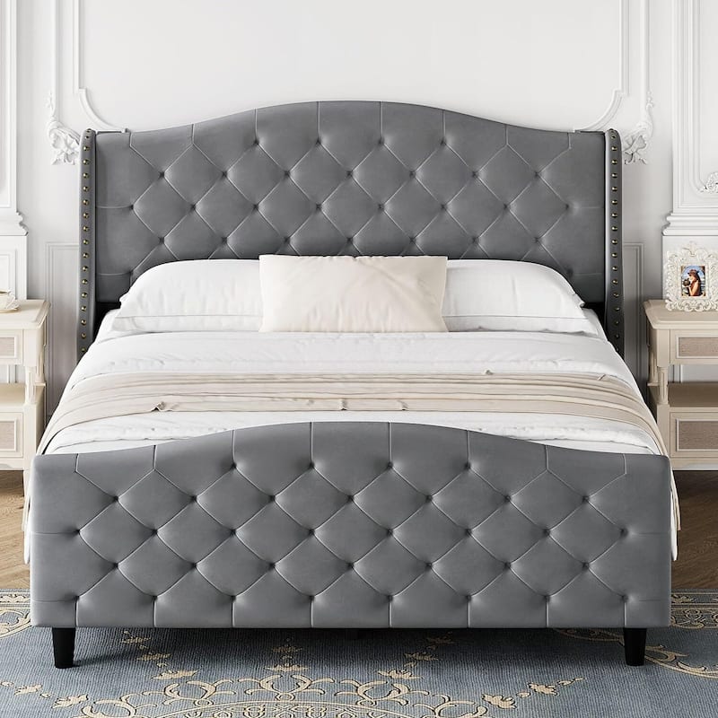 Tufted Upholstered Platform with Headboard and Footboard - Grey - Queen
