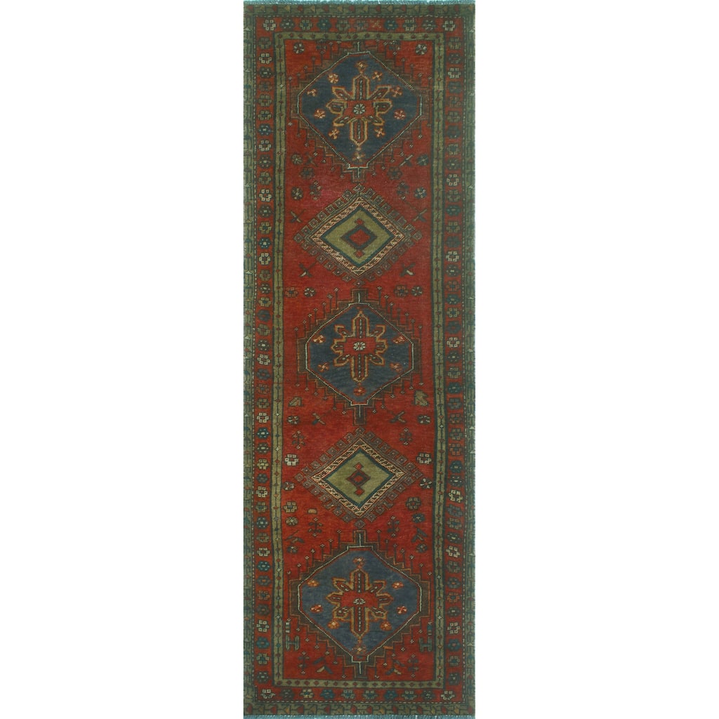 Fine Vintage Distressed Biecafor Red/Navy Runner - 3'2" x 10'2"