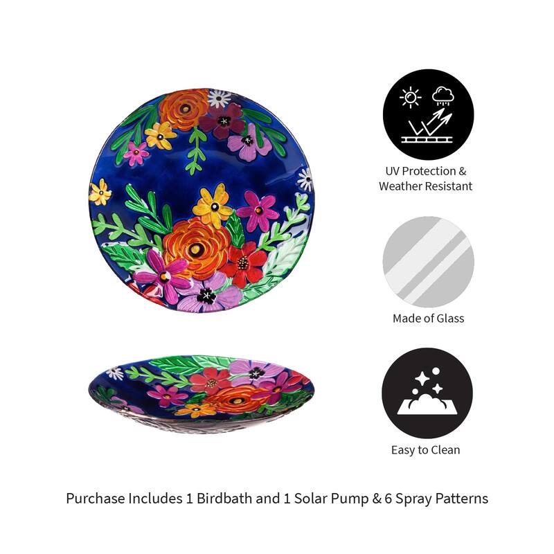 18 in. Hand painted Embossed Bright Florals Glass Birdbath with Solar Fountain