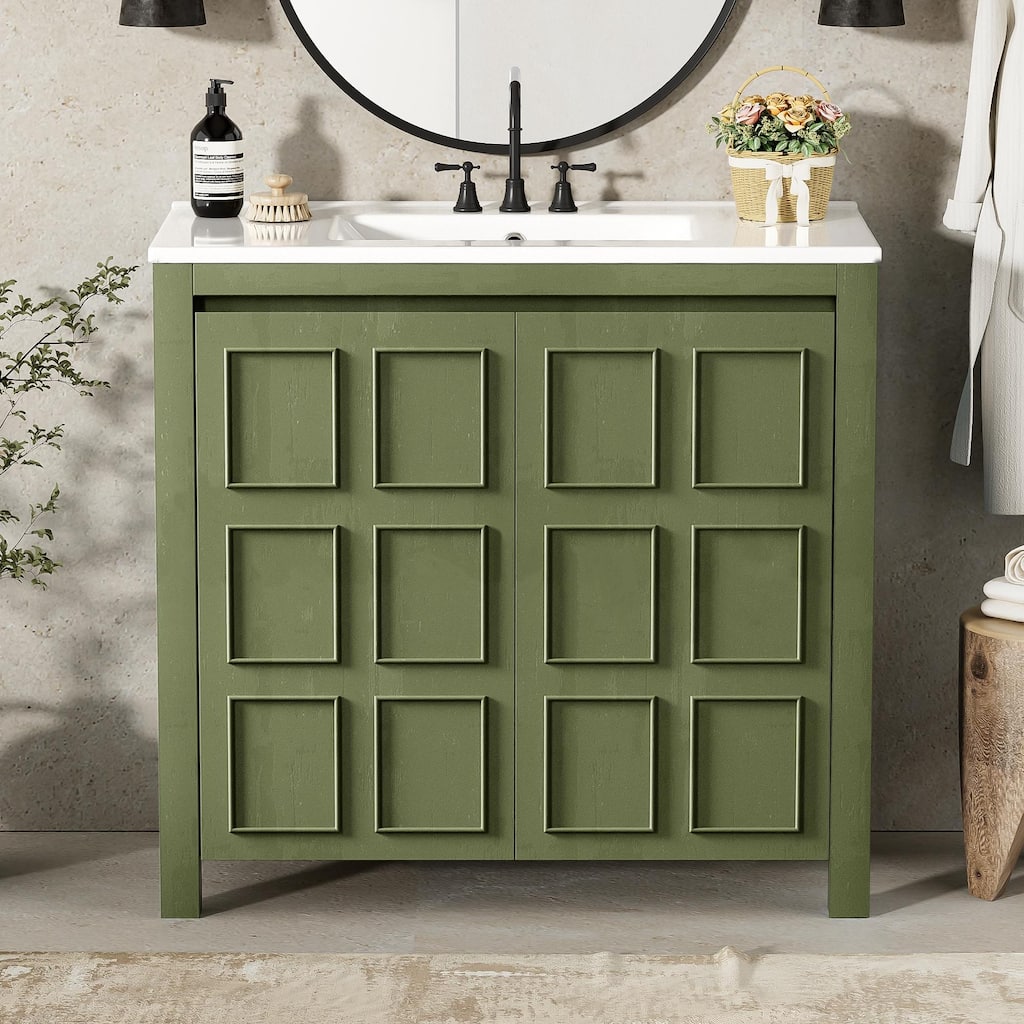 36" Bathroom Vanity Organizer with Ceramic Sink, Set Bathroom Storage Cabinet