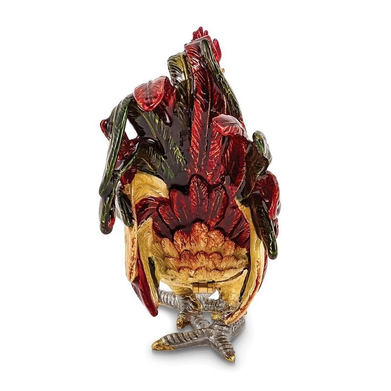 Curata Pewter Bejeweled Crystals Gold-Tone Enameled Rory Strutting Rooster Trinket Box on 18 Inch Necklace