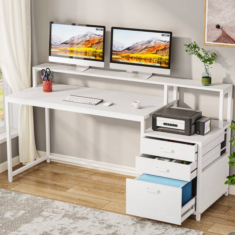 63 Inch Computer Desk with 3 Drawers, Modern Office Table with Monitor Stand and Printer Space for Home Office