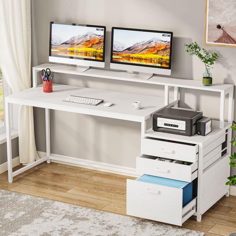 63 Inch Computer Desk with File Drawers, Ergonomic Office Desks with Monitor Stand - White