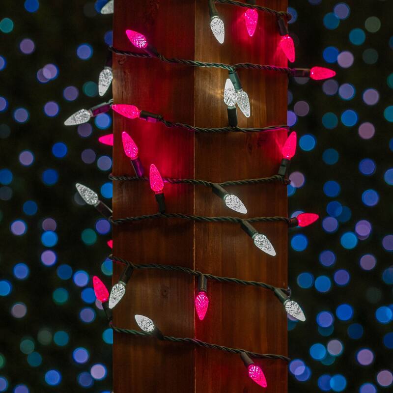 70 Light C6 LED Christmas Mini Light Set, Pink/Pure White, Green Wire, 24 Feet - Large