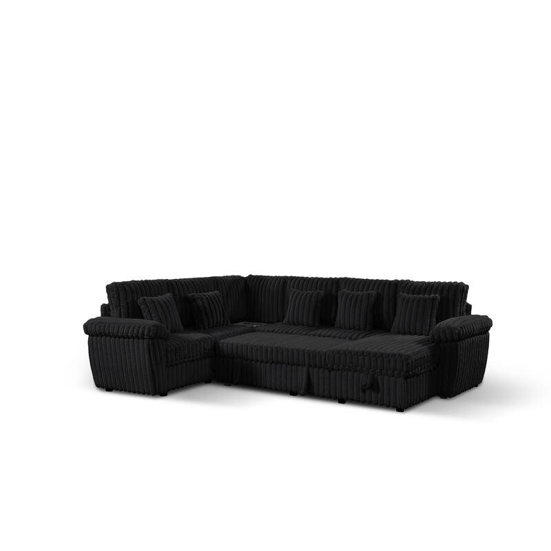 U-Shaped Corduroy Sectional Sofa with Storage Chaise & Pull-Out Bed, Upholstered Corner Sofa with Cup Holder & USB Port