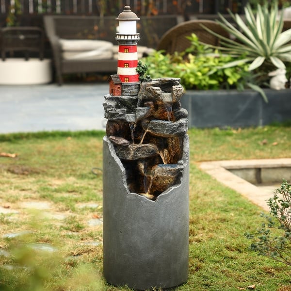 slide 2 of 8, Resin/Cement Lighthouse Outdoor Fountain with LED Lights