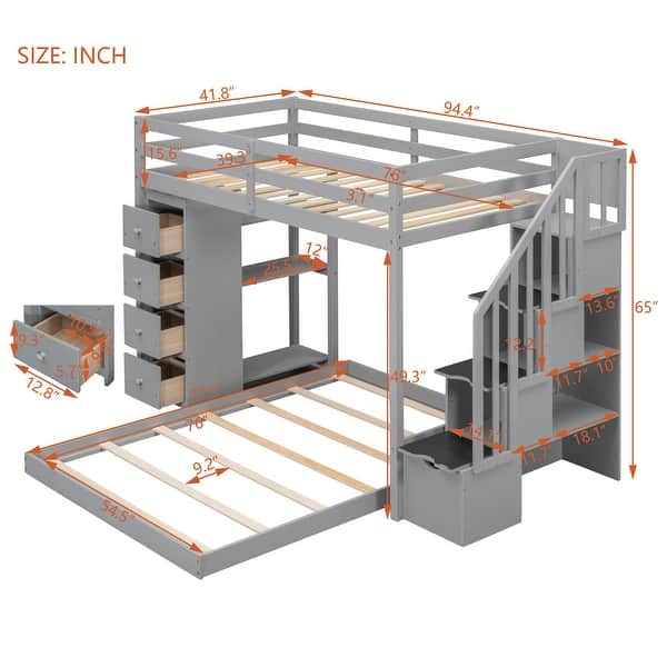 dimension image slide 1 of 2, Twin Over Full Bunk Bed with 3-Layer Shelves, Drawers, Storage Stairs, Space-Saving, Multi-Functional Design, Grey