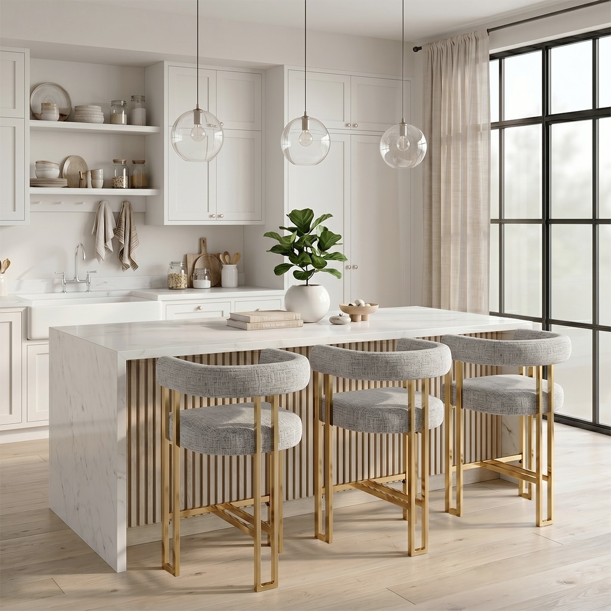 25" Chenille Upholstered Counter Stools with Gold Metal Legs (Set of 3)