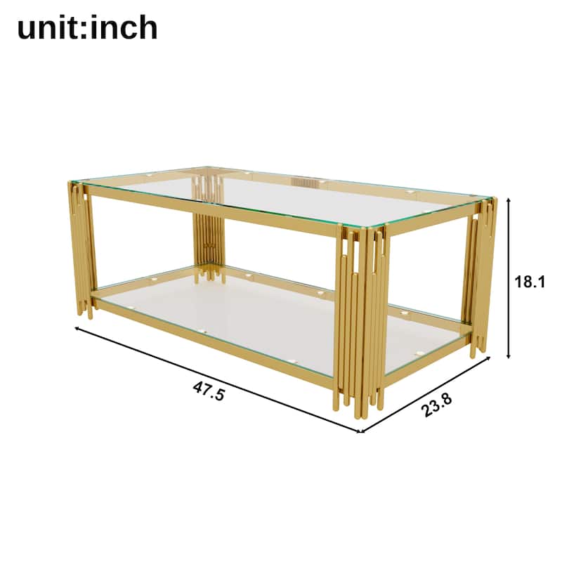 Rectangular Gold & Glass Coffee Table with 2-Tier Shelf by Harper&Bright Designs