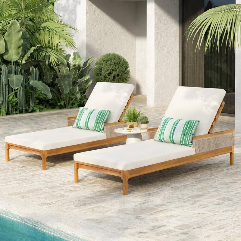 Christopher Knight Home - Solid Acacia Wood Outdoor Chaise Lounge with 4-Position Adjustable Backrest & Woven Rattan Accents - Set of 2+Beige,Light Grey