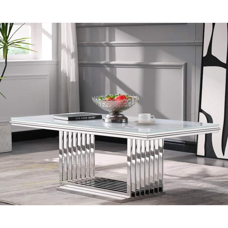 Luxurious 50 inch Glass Coffee Table with Brushed Gold Stainless Steel Base - Silver - Glass