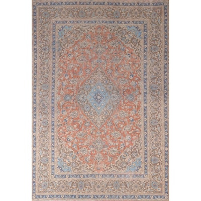 Orange Floral Mashad Persian Vintage Area Rug Handmade Wool Carpet - 6'3"x 9'3"