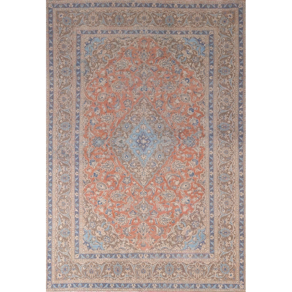 Orange Floral Mashad Persian Vintage Area Rug Handmade Wool Carpet - 6'3"x 9'3"
