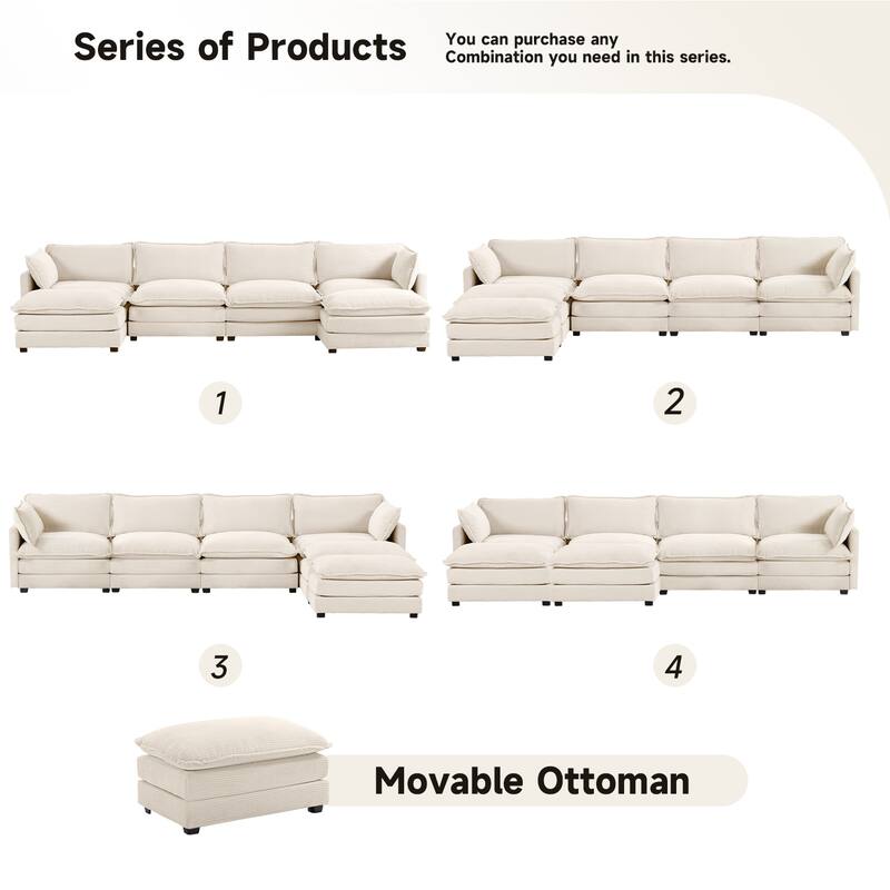 4-Seat Corduroy Modular Sofa with 2 Removable Ottomans for Home & Business