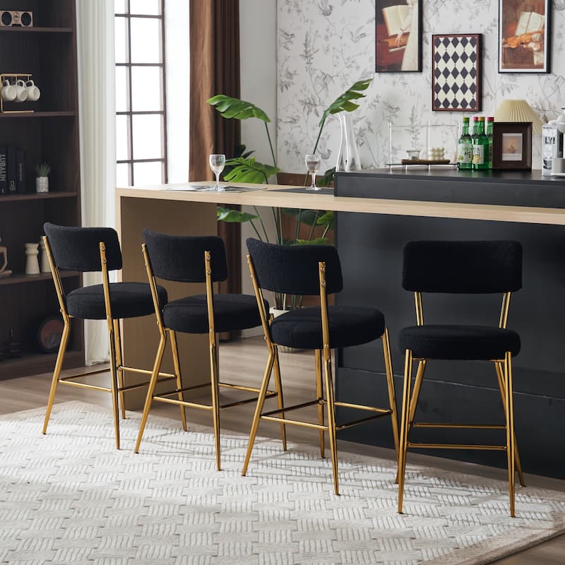 Set of 2 Modern Teddy Fabric Upholstered Bar Stools, Metal Base High Stool Suitable for Kitchen, Dining and Living Room - Black