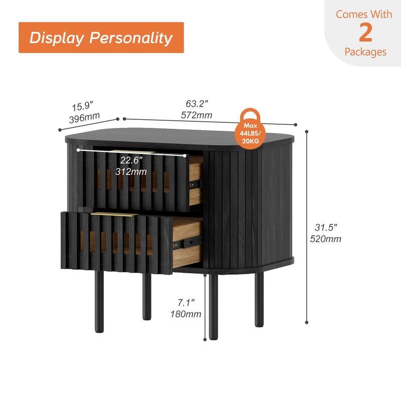 WAMPAT Fluted Nightstand with 2 Drawers,Wood End Table for Bedroom, Living Room