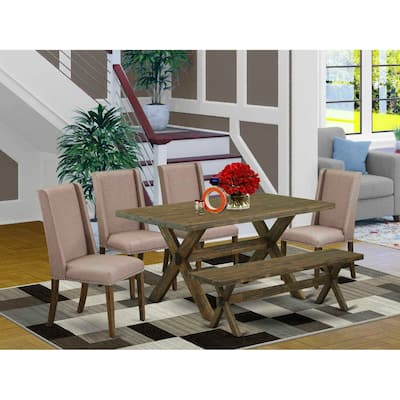 HomeStock 6-Pc Rectangle Distressed Jacobean Finish Solid Wood Top Dining Table with 1-Bench, 4-Chairs